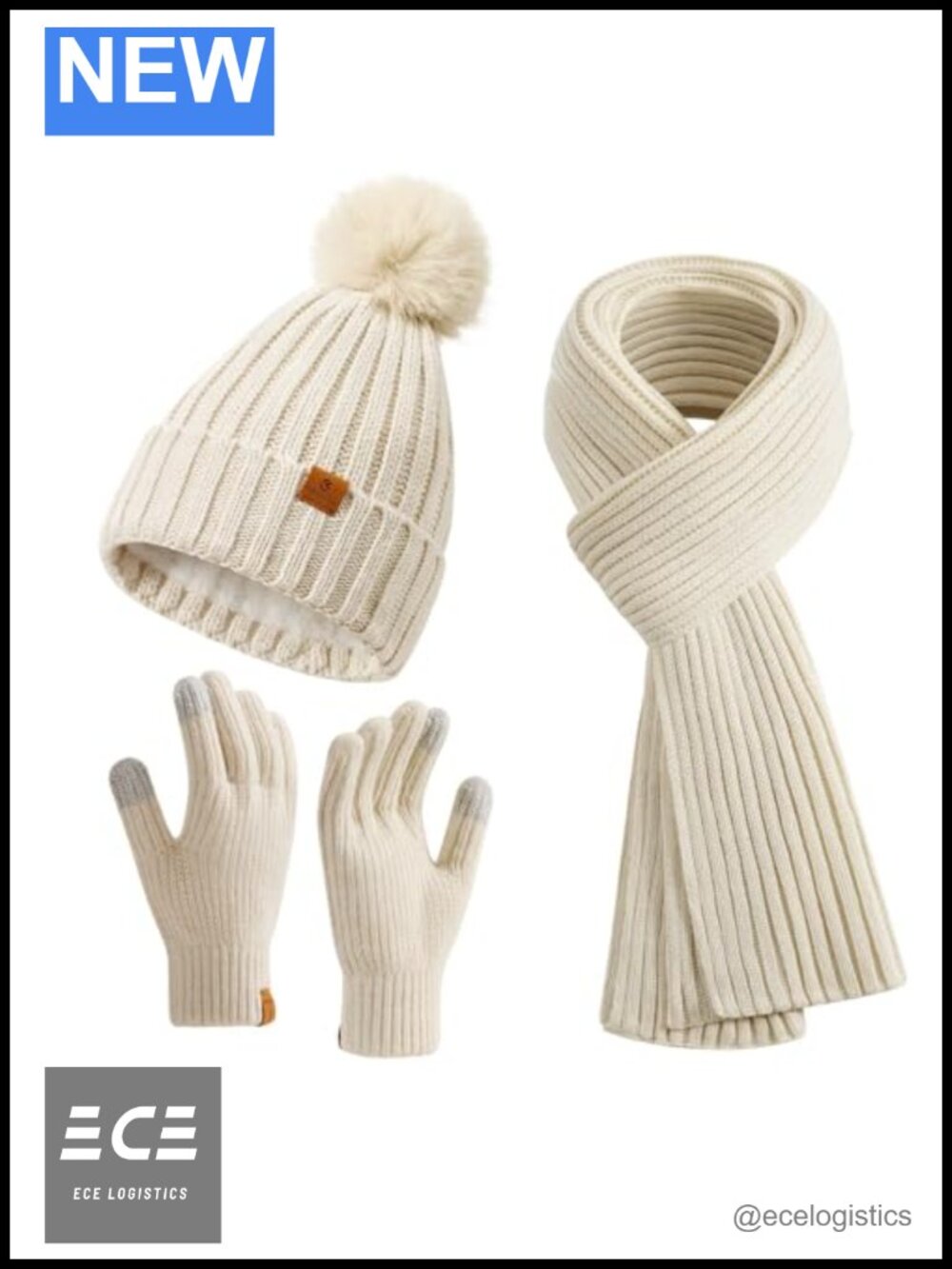 Acrylic Beanie Hat Scarf Gloves Set Fleece Lined Touchscreen Winter